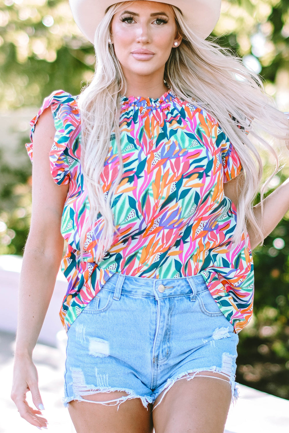 Blouse à manches flottantes à volants et imprimé floral rouge rose