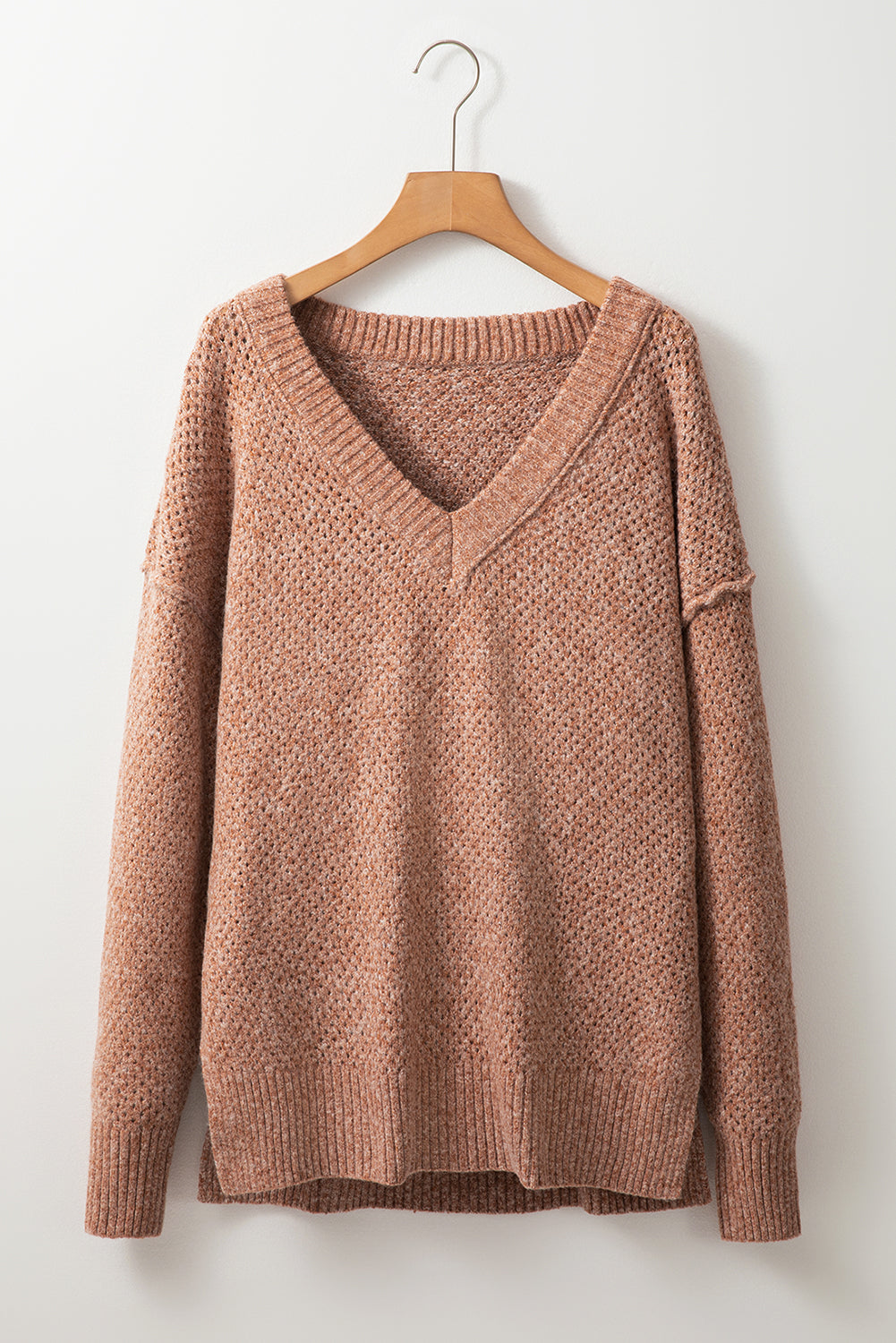 Dark brown V-neck drop shoulder loose sweater with eyelets