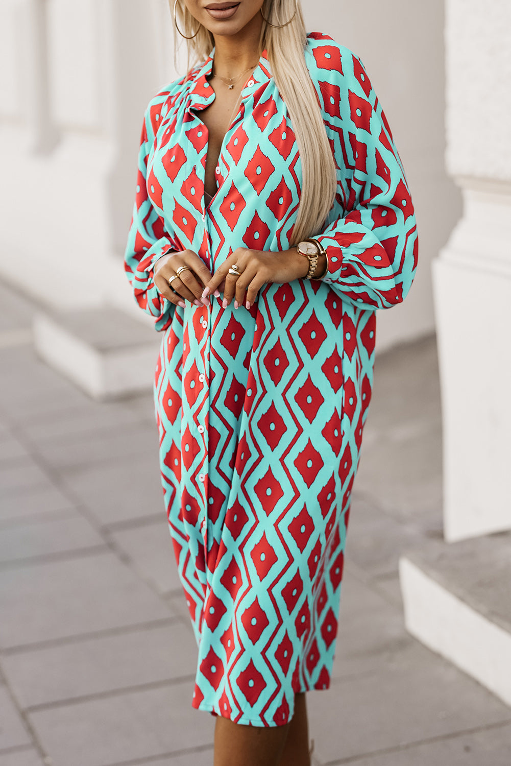 Sky Blue Western Geometric Print Split Buttoned Shirt Dress