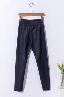 Navy Blue Cross Waist Elegant Leather Leggings