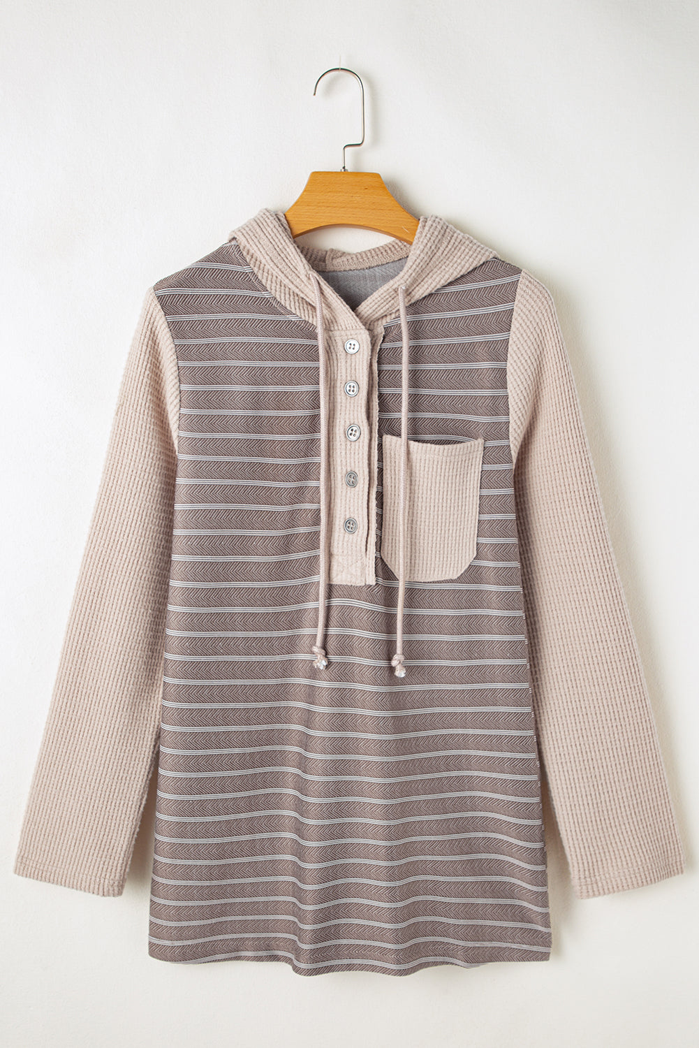 Gray Textured Knit Colorblock Striped Henley Hooded Top