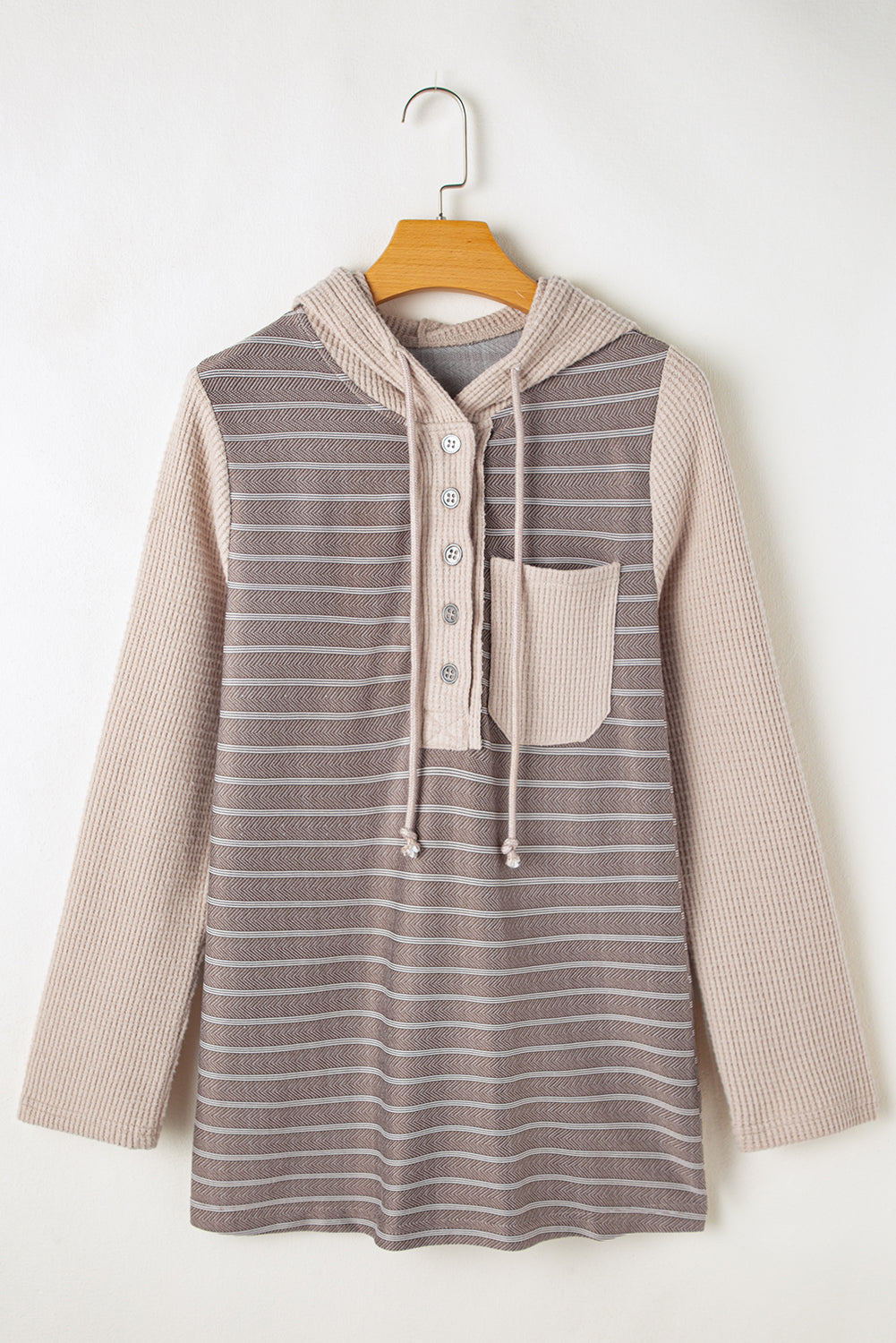 Grey Textured Knit Color Block Striped Henley Hoodie Top