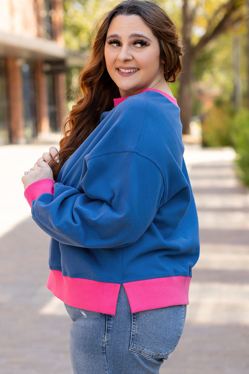 Sky Blue Sweatshirt with Balloon Sleeves and Color Block Trims, Plus Size