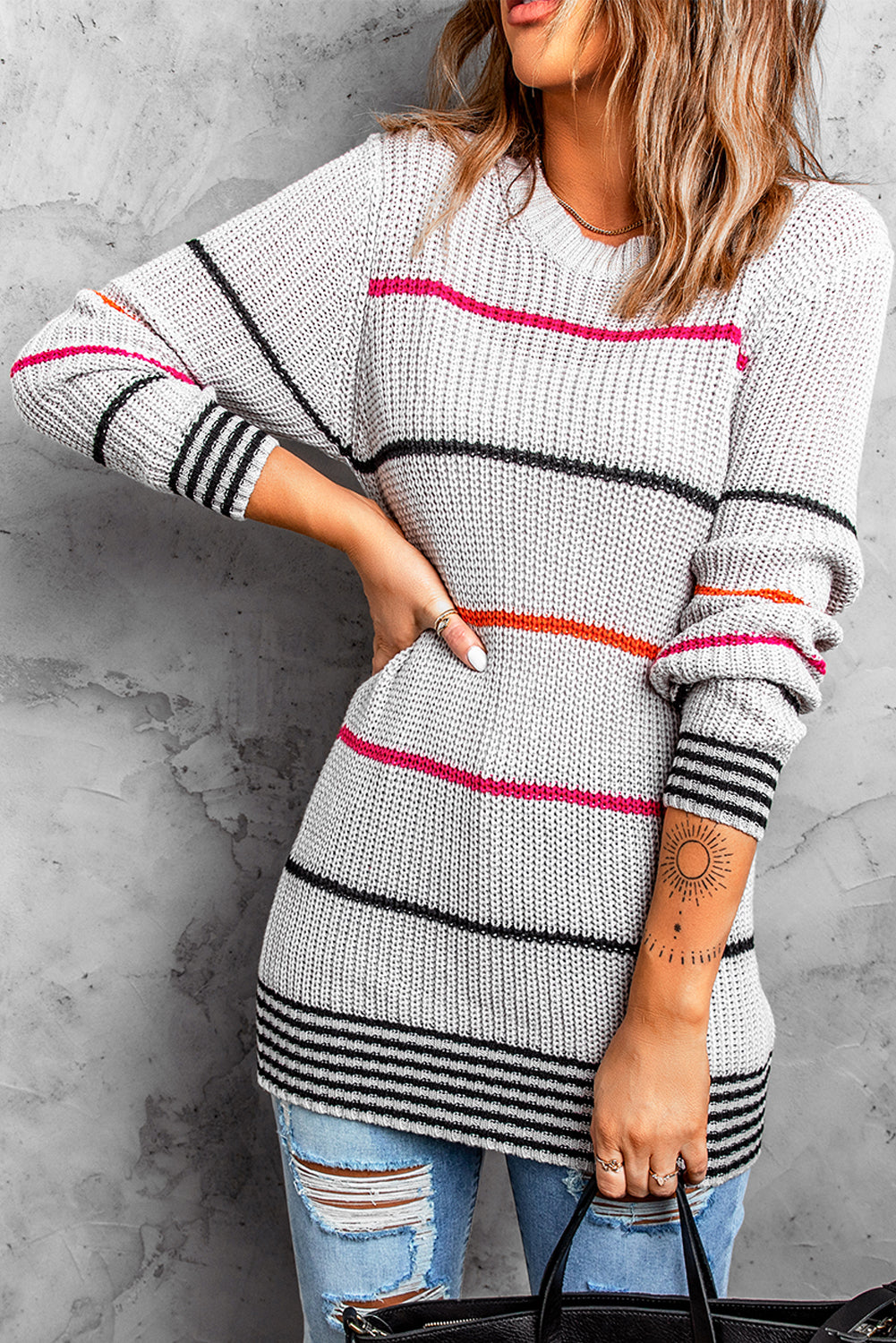 Grey ribbed knit striped sweater