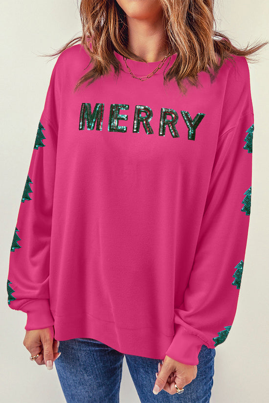 MERRY Christmas Tree Strawberry Pink Sequin Patchwork Sweatshirt