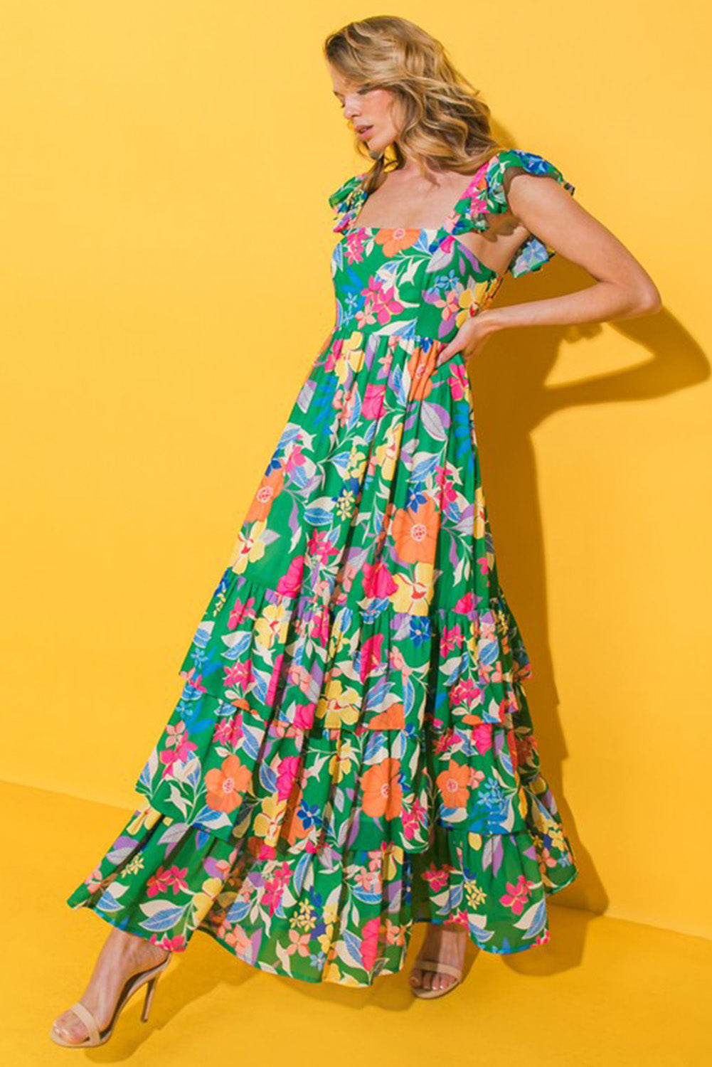 Green Floral Print Sleeveless Ruffled Maxi Dress