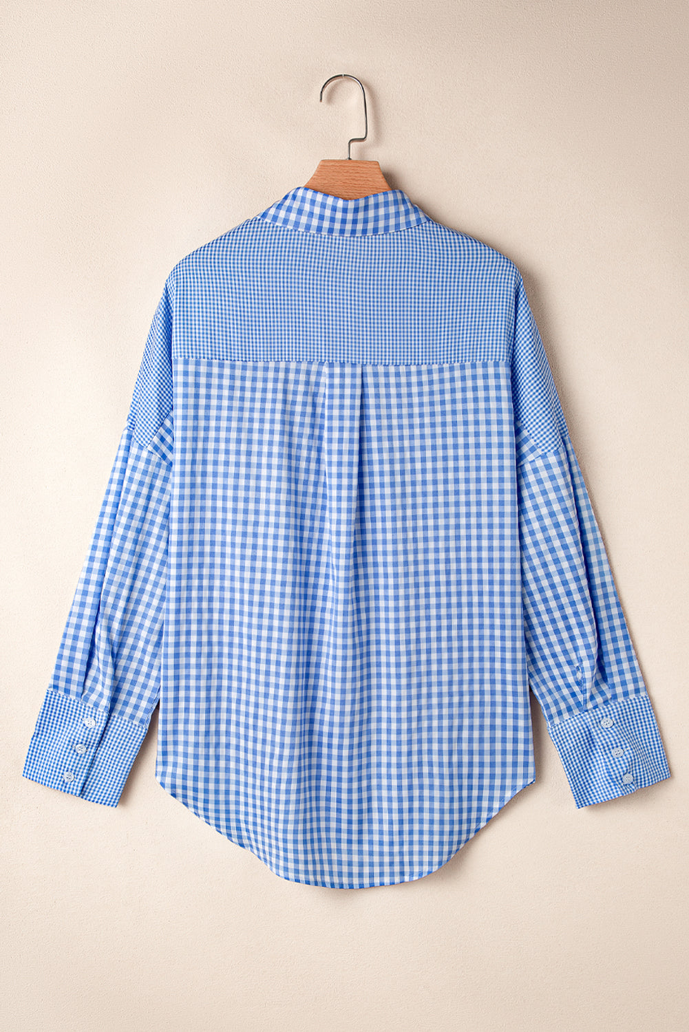 Sky Blue Streifen Plaid Patchwork -Knopf auf Langarm Shirt