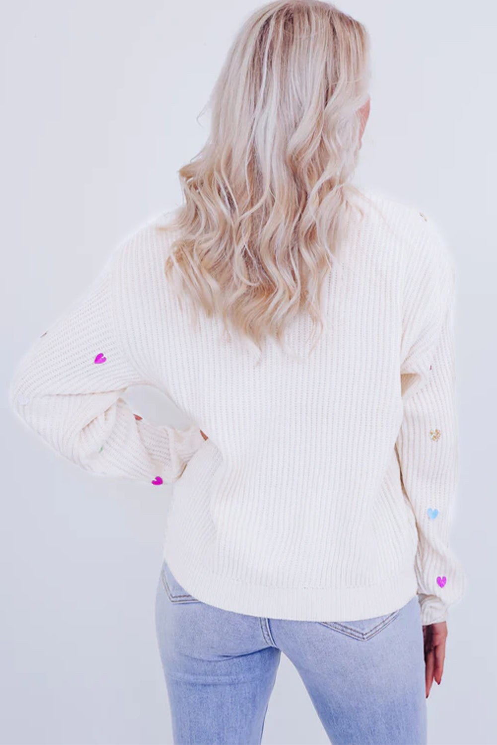 Beige Sequin Heart Waffle Knit Crew Neck Sweater