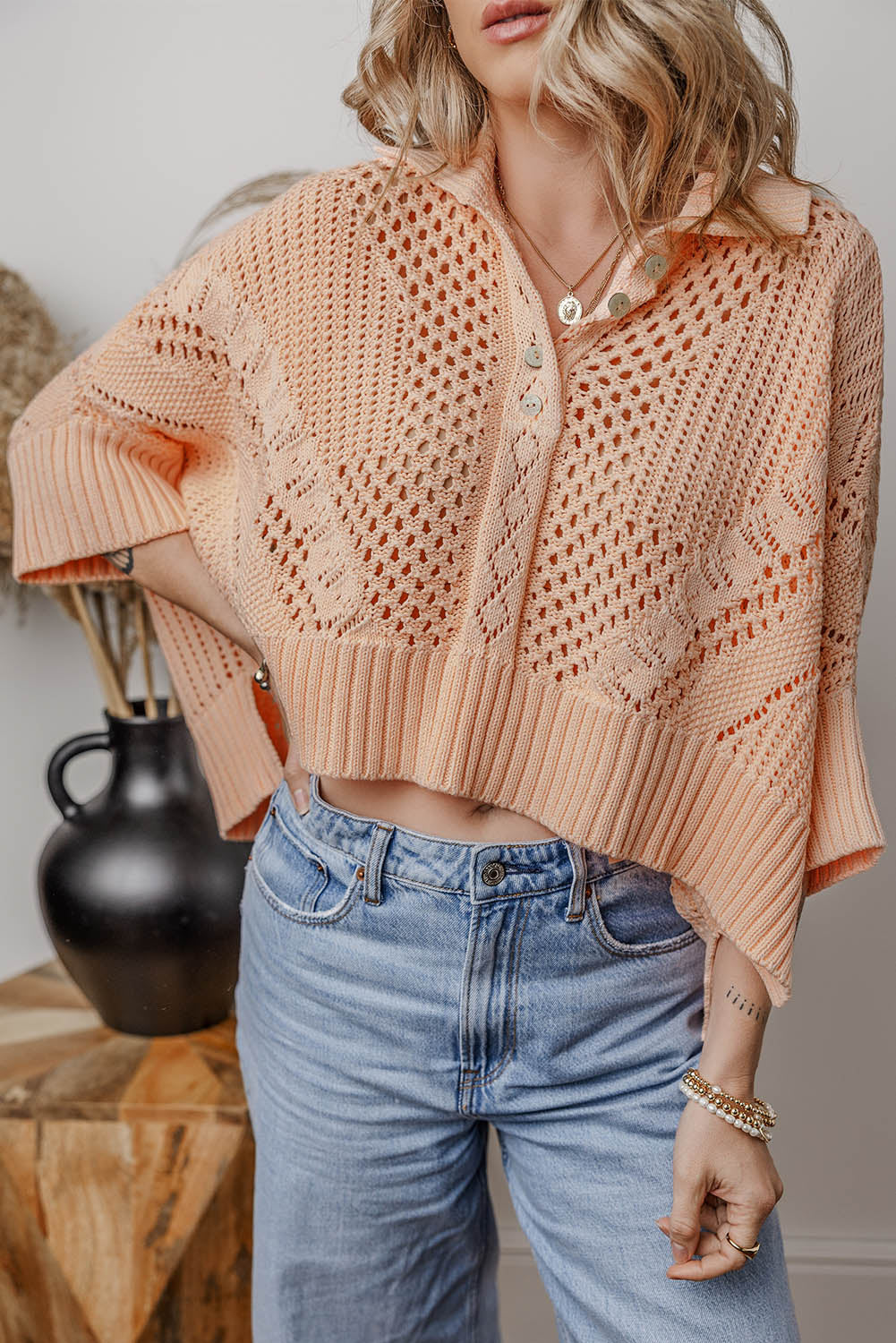 Pull à col boutonné à manches 3/4 Dolman en tricot creux rose abricot