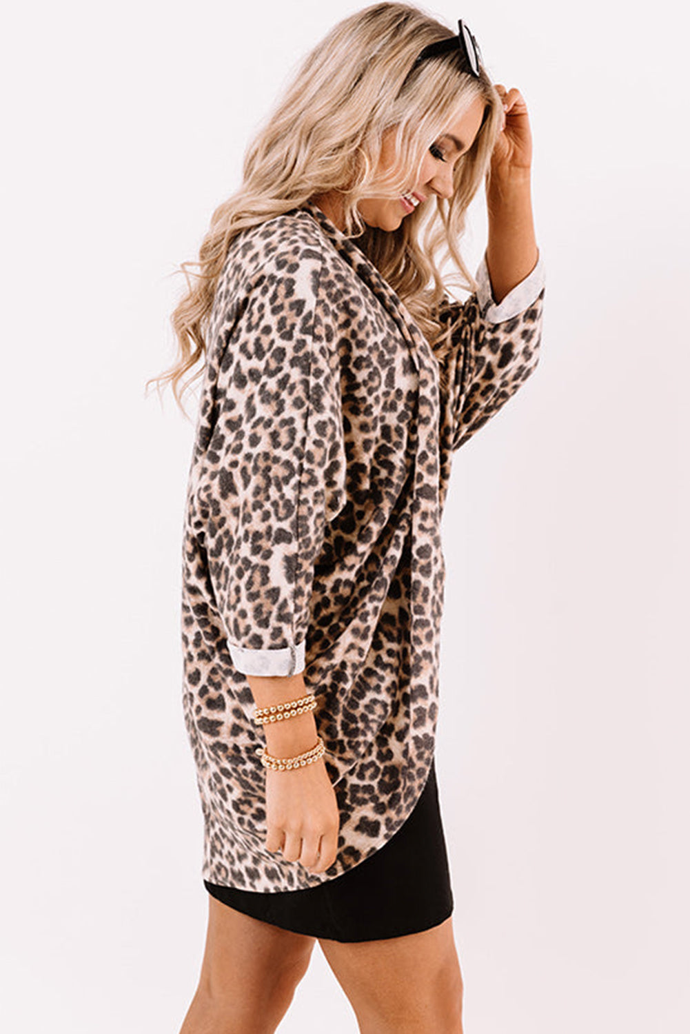 Khaki Leopard Print Batwing Sleeve Loose Tunic Cardigan