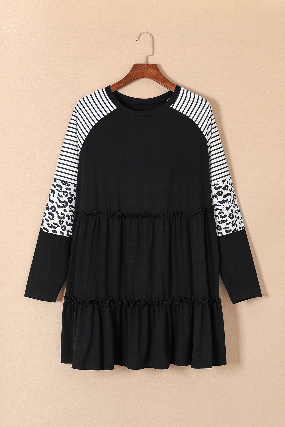 Striped black dress with ruffles and large leopard patch patch sleeves