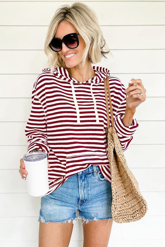 Burgundy Striped Drawstring Hoodie with Kangaroo Pocket