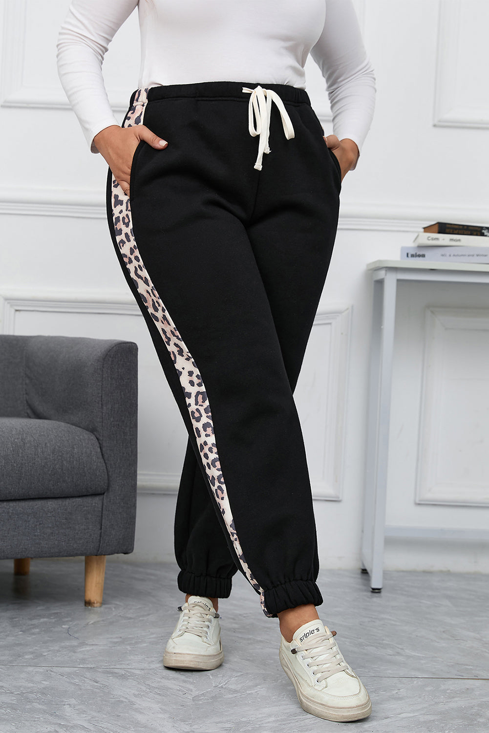 Black Plus Times Contrast Leopard Side Jogger