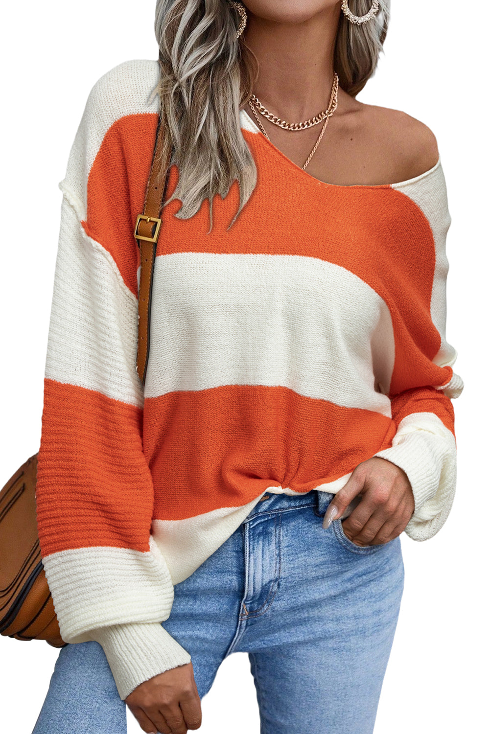 Orange striped and color block loose sweater with dropped shoulders and bubble sleeves