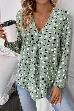 Green polka dot blouse and buttoned print *