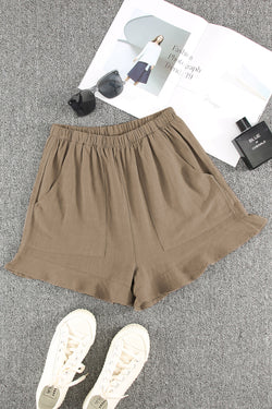 Khaki shorts with ruffles and high waist pockets