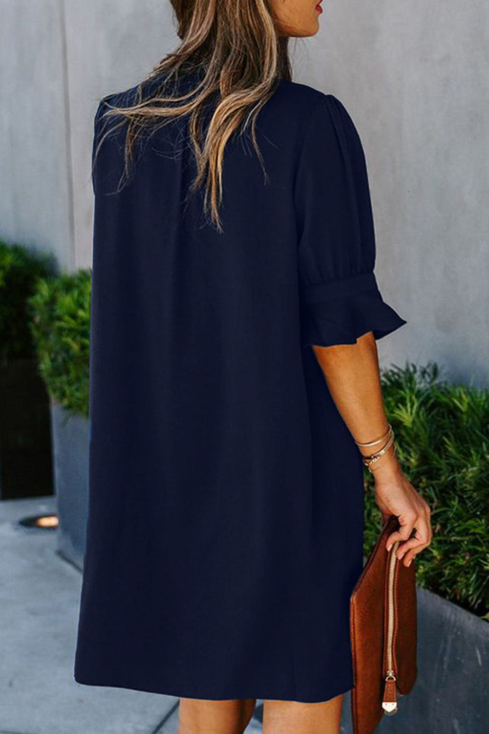 Blue straight dress with ruffled sleeves