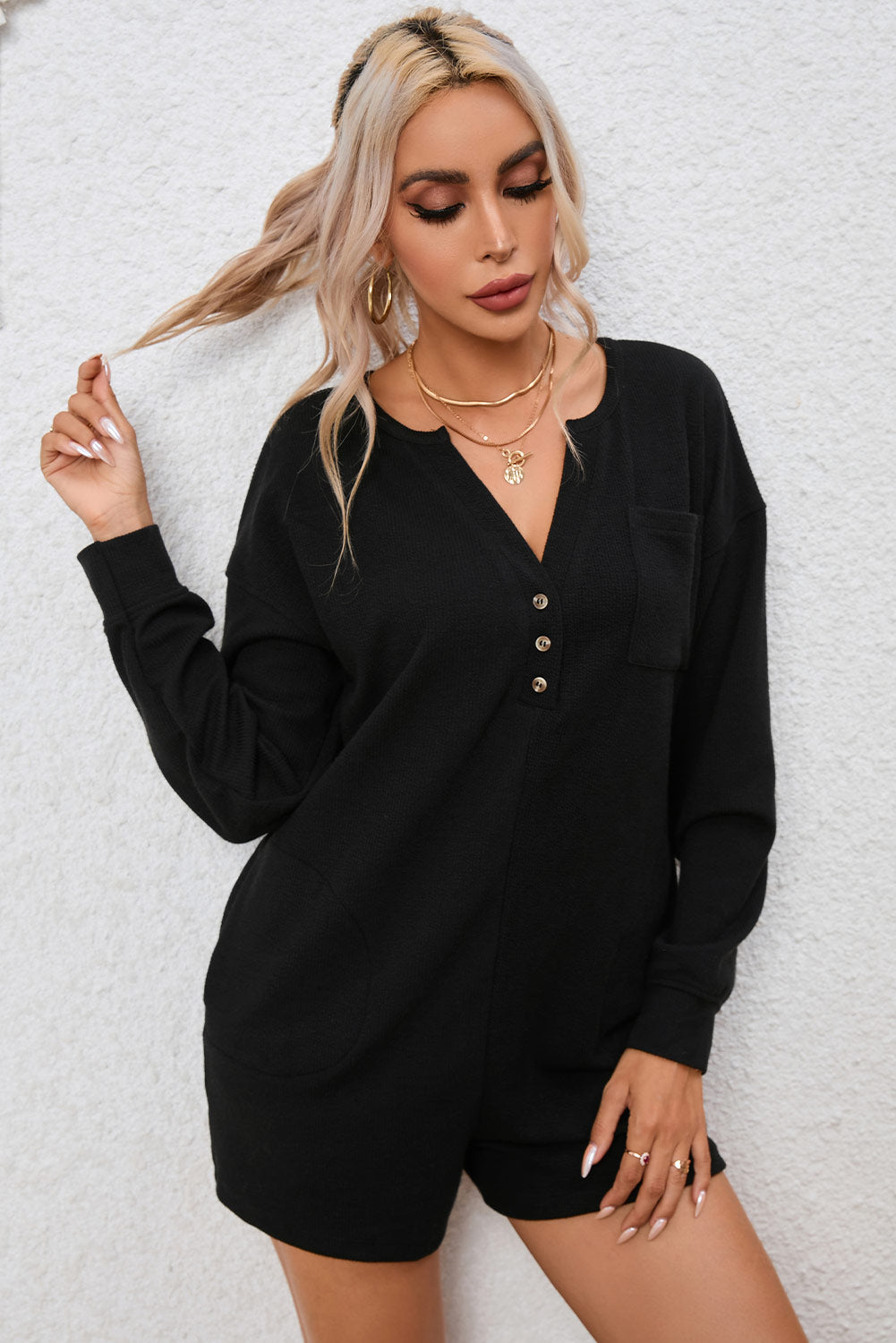 Black Brushed Long Sleeve V-Neck Split Ribbed Button Romper