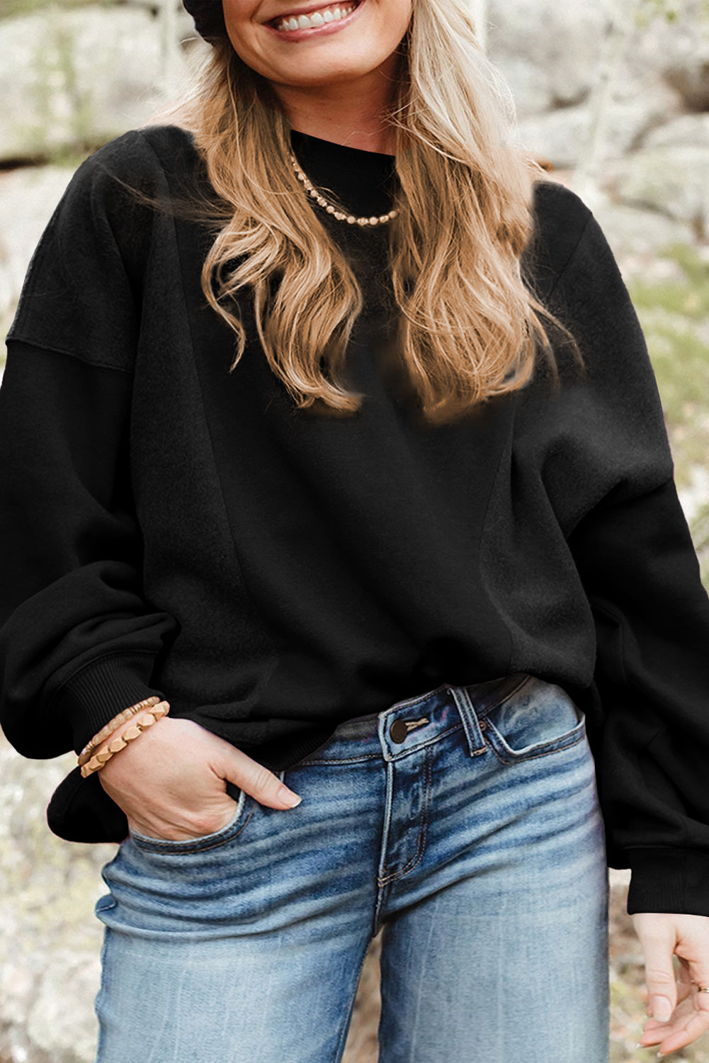 Black Crew Neck Patchwork Loose Sweatshirt Plus Size