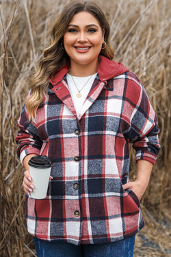 Plus Size Red Plaid Printed Buttoned Hooded Jacket