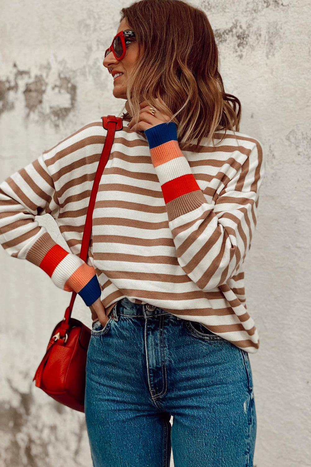 Brown Striped Color Block Turtleneck Sweater with Bishop Sleeves