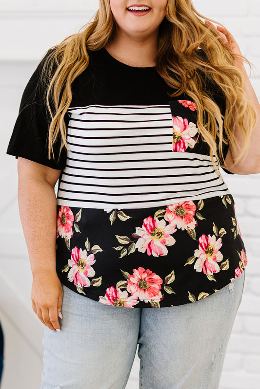 Black Plus Size Splicing Block Stripe Flora Short Topve