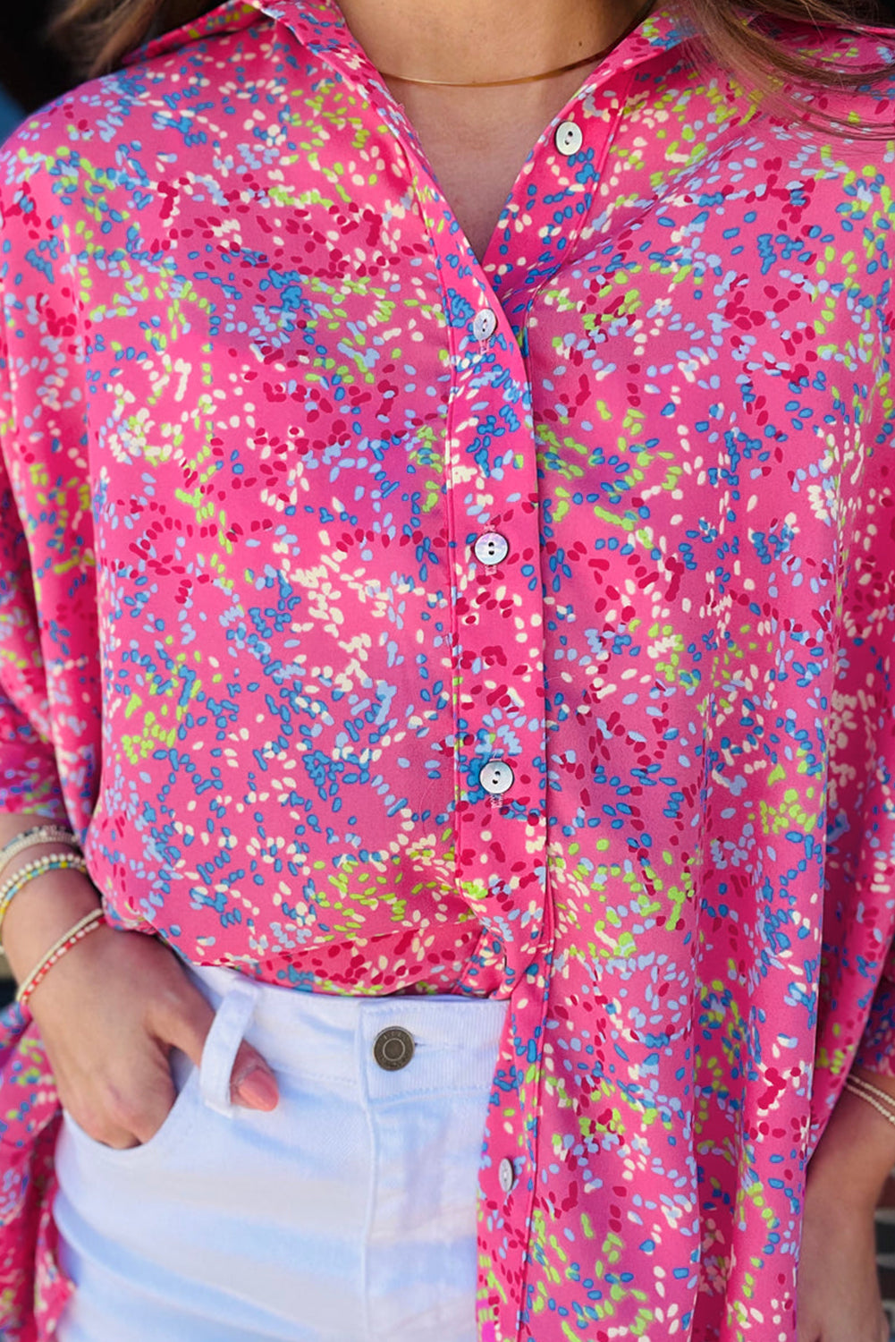 Rose Abstract Print Bracelet Sleeve Oversized Tunic Shirt