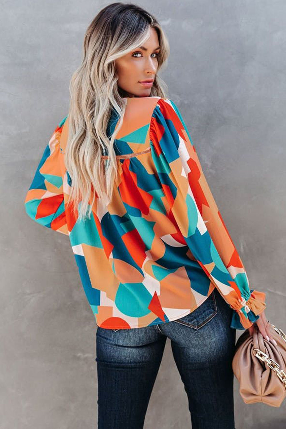 Multicolore Abstract Pattern Crewnack Clewle Sholeve Blouse