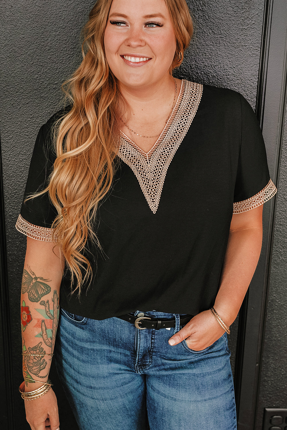 Black Short Sleeve V-Neck Top with Lace Trim Plus Size