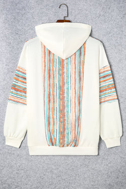 Multicolor Striped Patchwork Knit Hoodie with V-Neck and Drop Shoulders