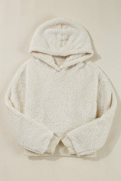 White teddy hoodie with contrasting ribbed edges