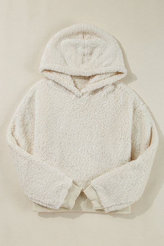 White teddy hoodie with contrasting ribbed edges