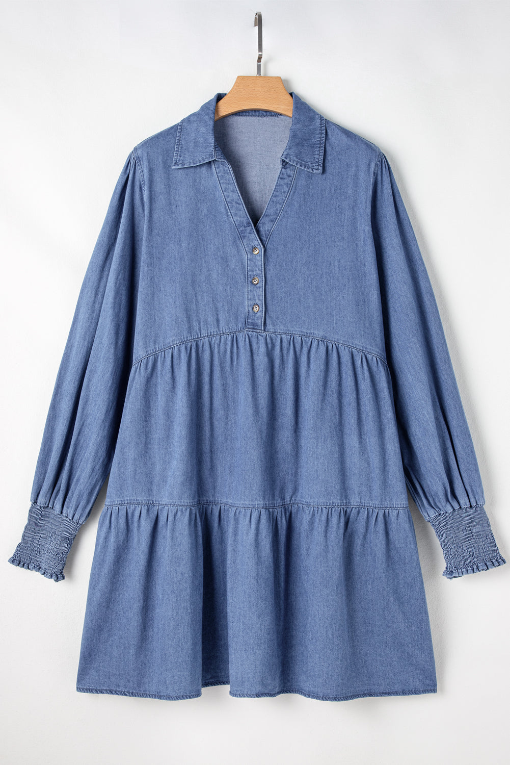 Dusk Blue Smocked Cuff Buttoned Tiered Denim Mini Dress