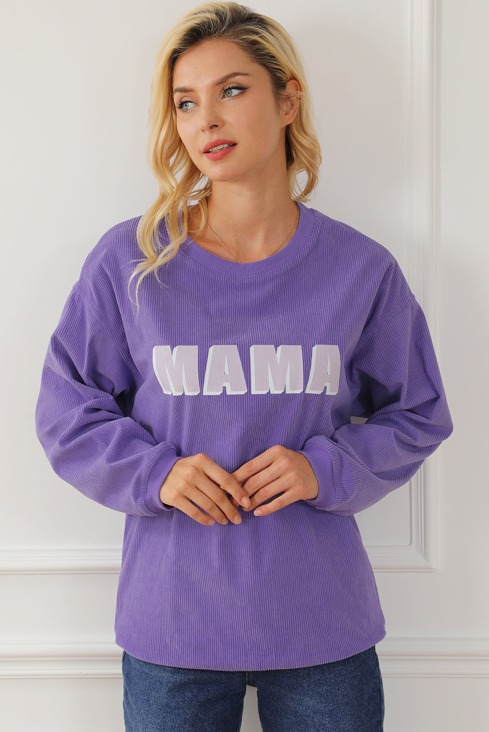 Purple Mama gerippte Crew Neck Pullover Sweatshirt