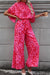 Pink Leopard Jumpsuit with Loose Sleeves and Wide Leg Belt