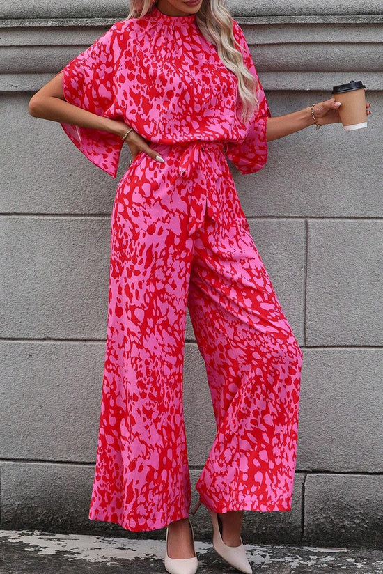 Pink Leopard Jumpsuit with Loose Sleeves and Wide Leg Belt