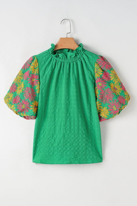 Bright green with short sleeves puffy and ruffled collar buttoned on the back