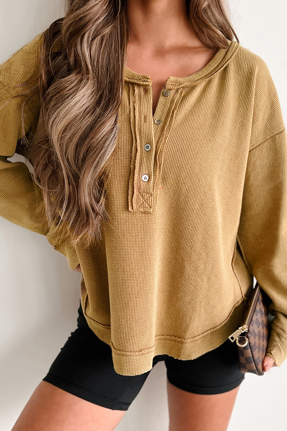 Camel Textured Knit Half Button Drop Shoulder Oversized Top