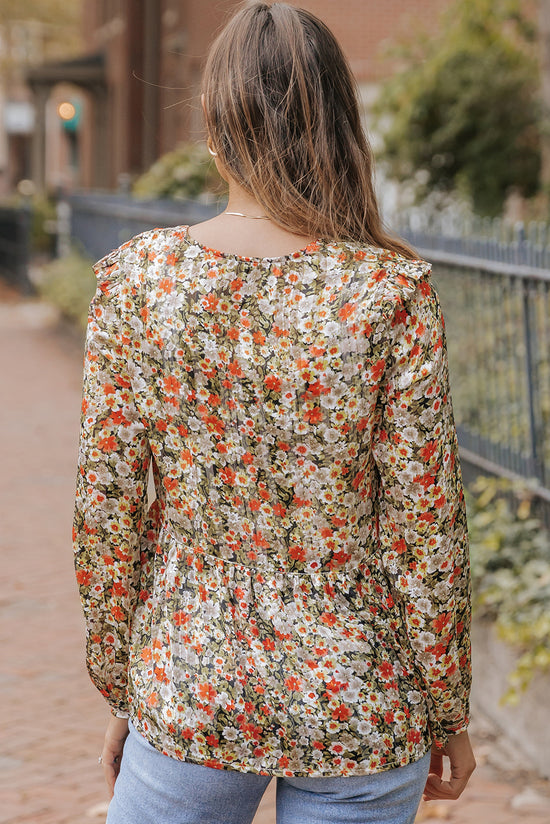 Babydoll khaki flower blouse with V -collar and ruffles