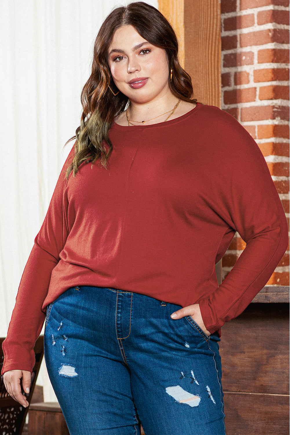 Dahlia Red Long Sleeve Top with Piping Plus Size