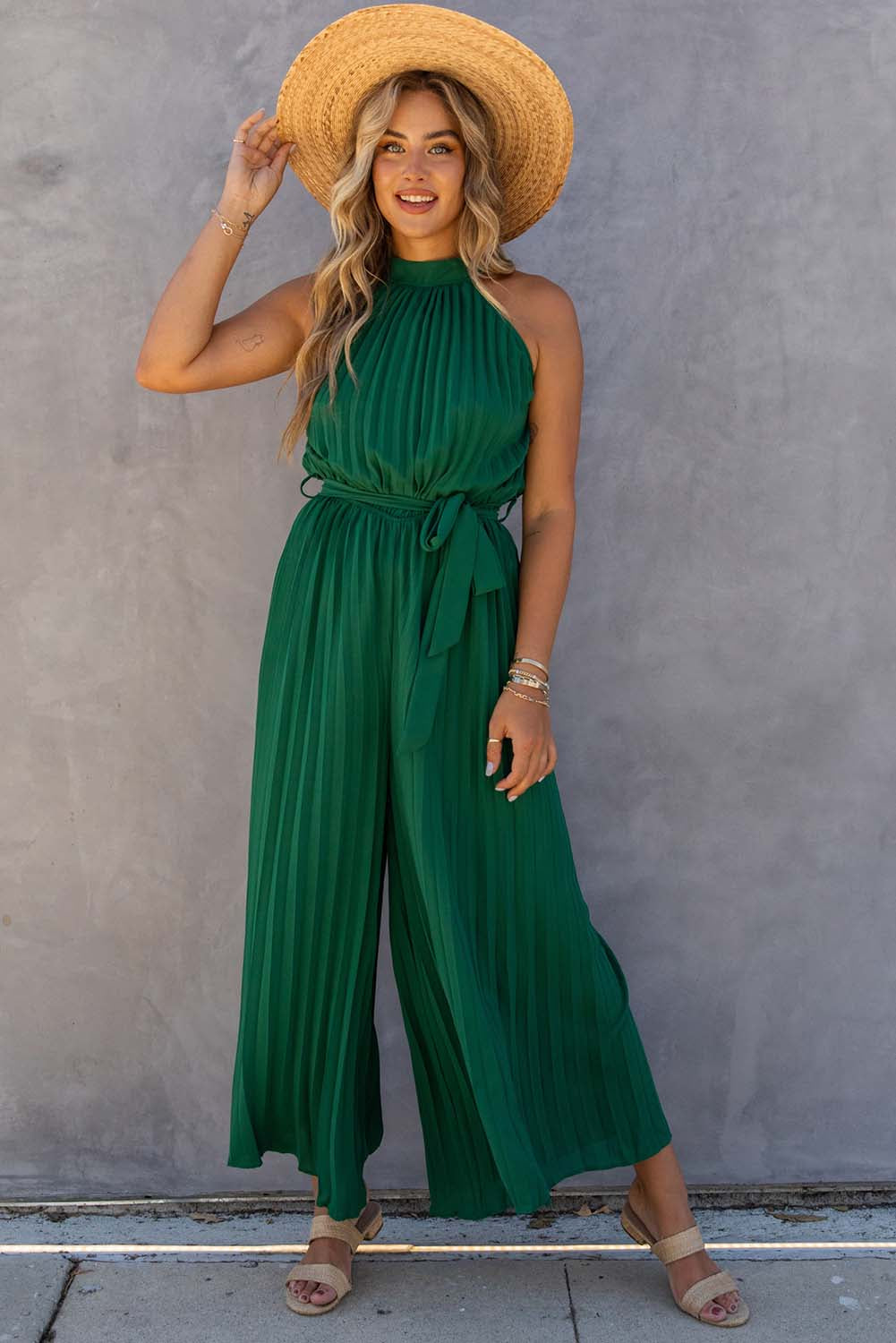 Green Pleated Halter Neck Wide Leg Jumpsuit with Belt