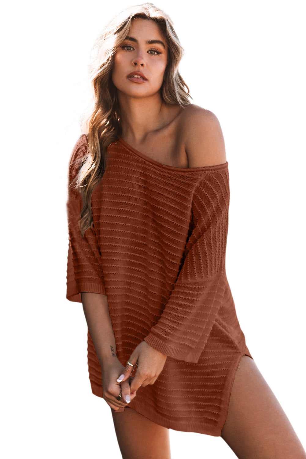 Brown Textured Knit Drop Shoulder Tee