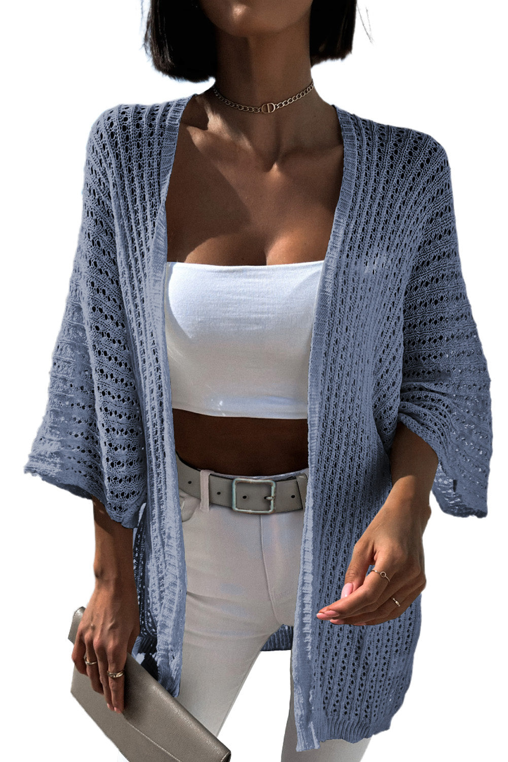 Sky Blue Hollow-out-Strick Kimono Leichte Strickjacke