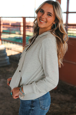 Beige Henley Hoodie with Kangaroo Pocket and Drawstring