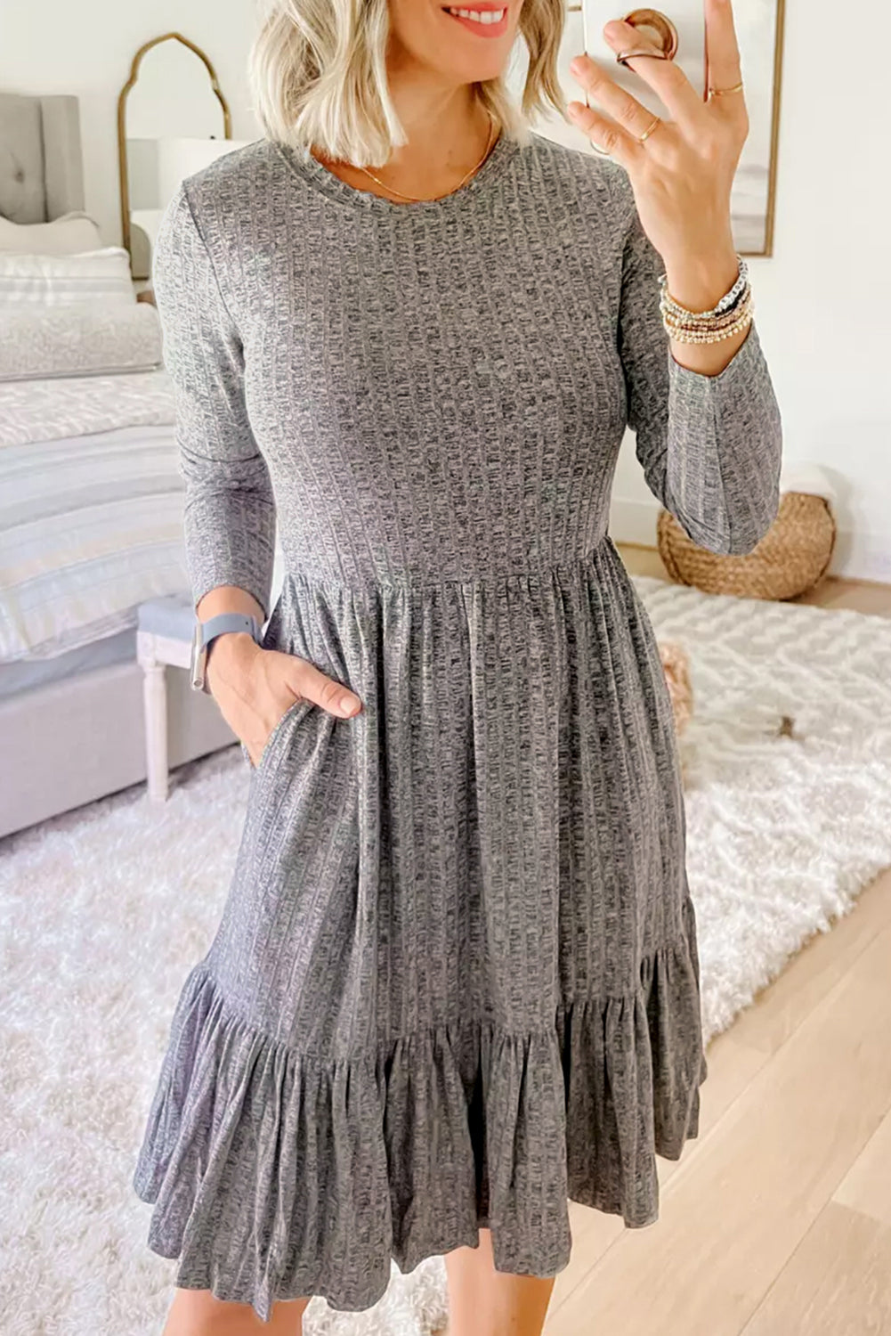 Vestido midi de línea A-Line con textura con textura gris