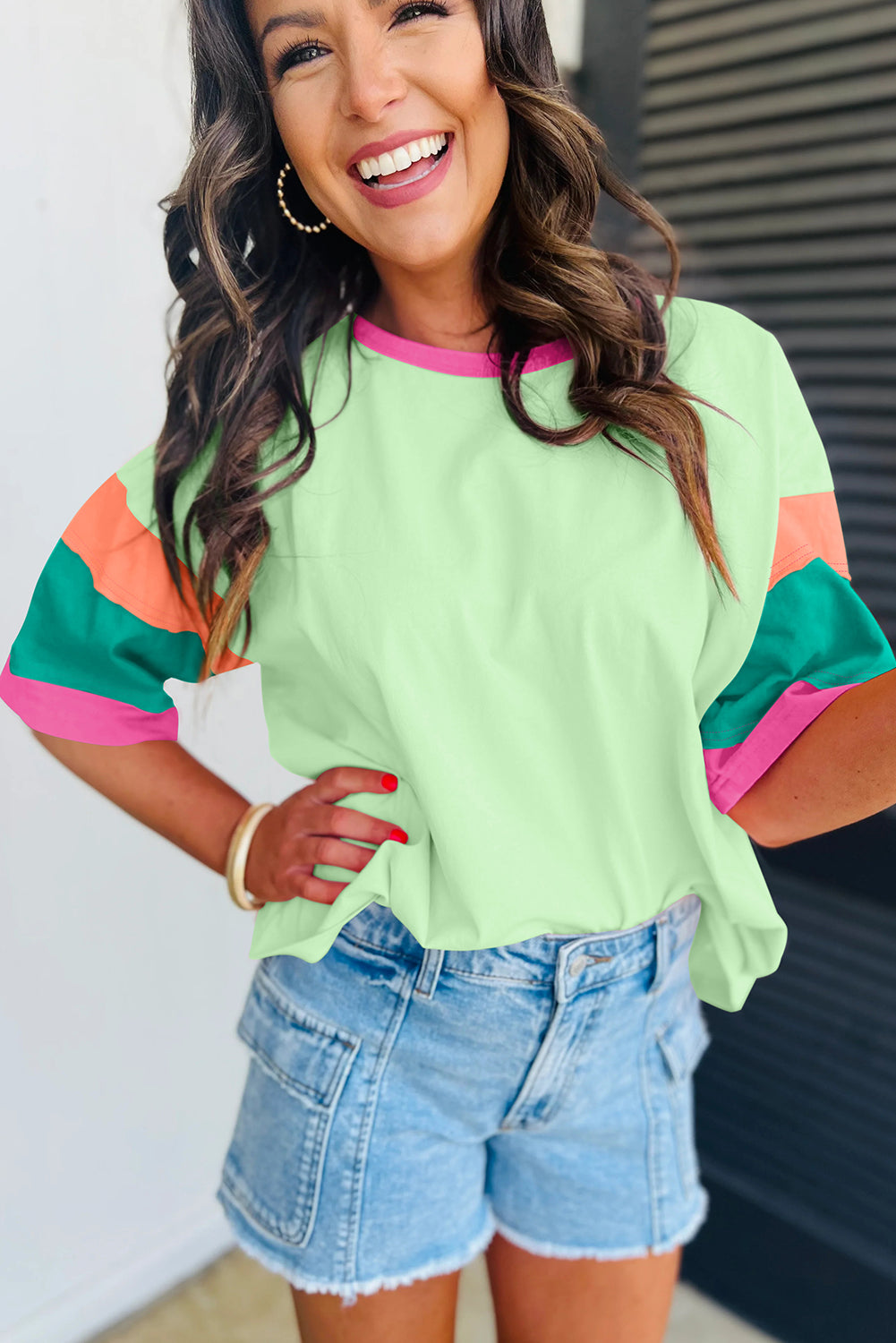 Oversize high with sleeve green and round neck with contrasting seams