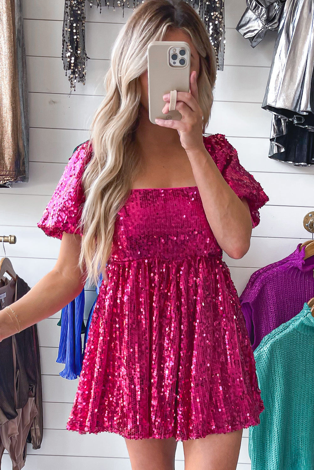 Pink Red Sequin Babydoll Romper with Short Puff Sleeves