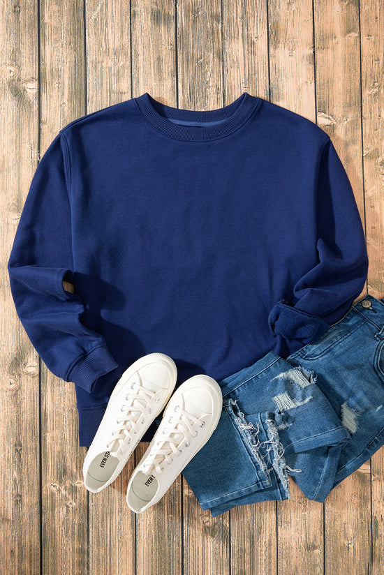 Navy blue sponge fabric sweatshirt with drooping shoulder and united fleece lining