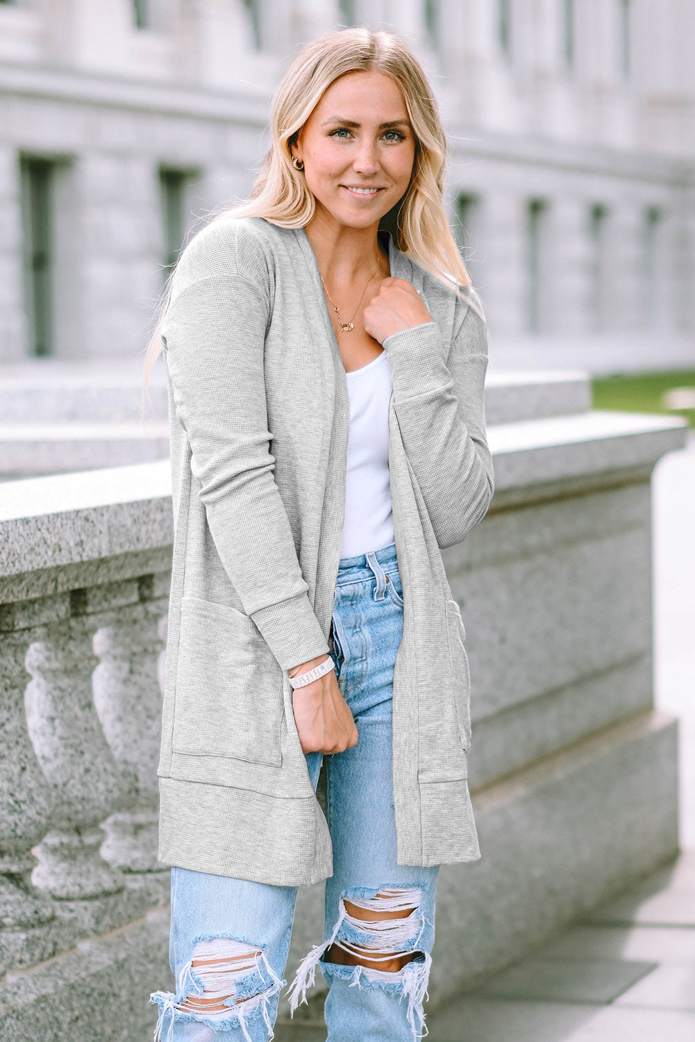 Light Grey Thermal Waffle Knit Pocket Cardigan