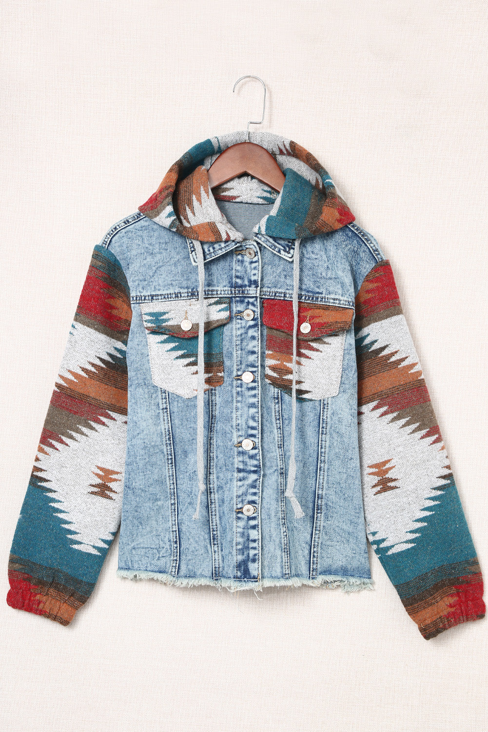 Chaqueta de mezclilla de dobladillo con estampado multicolor aztec